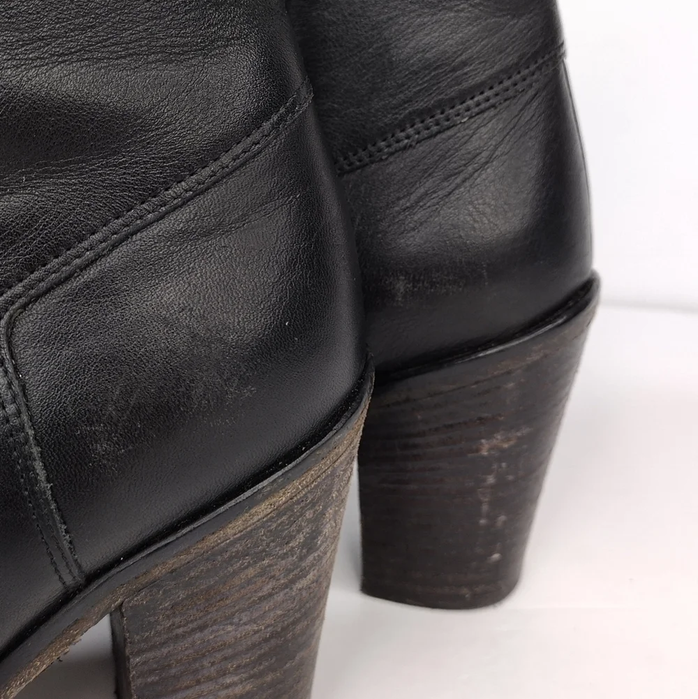 Vince Women's Black Leather Side Zipper Pointed Toe Stacked Heeled Ankle Boots